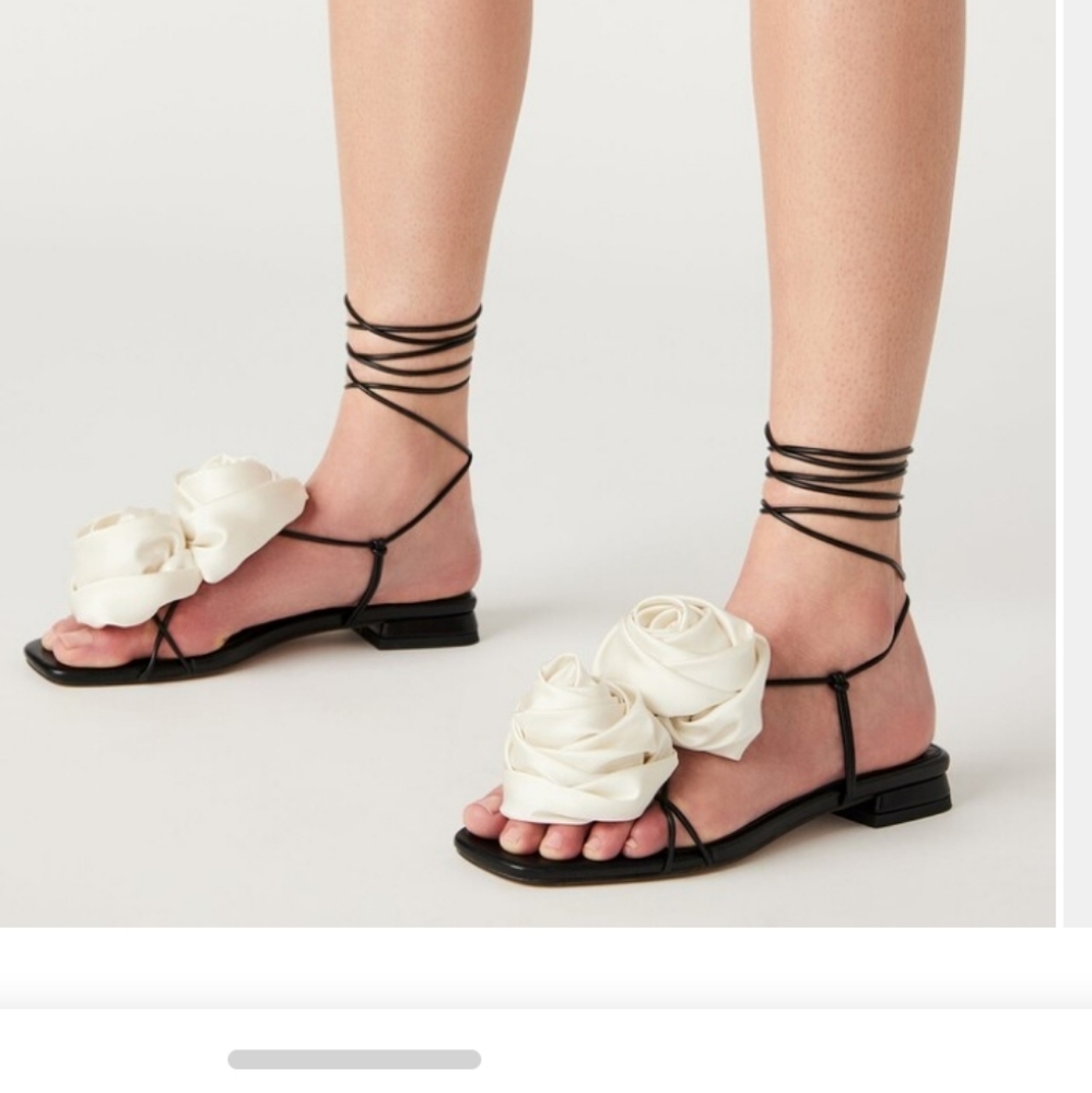 Steve Madden Black Lace-Up Sandals with Cream Rose Appliqués
